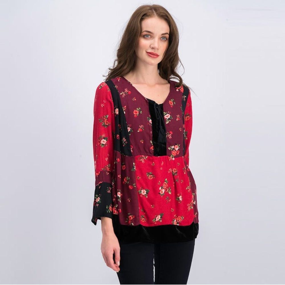 NWT Style & Co. Red and Black Floral Velvet Trim Top Whimsigoth Bohemian Fairy